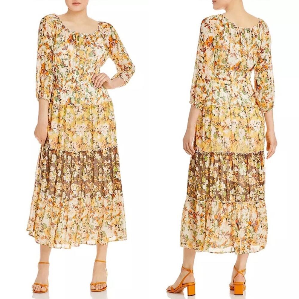 Fig and Flower Floral Pattern CottageCore Prairie Maxi Dress Banded Waist Large